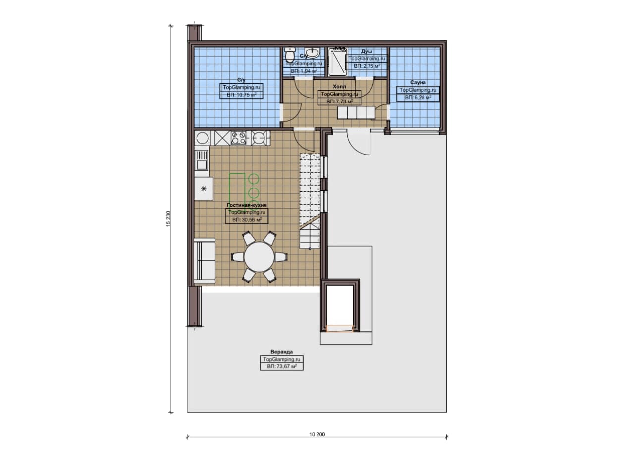 Планировка Одноэтажный дом с мансардой  F-22049
