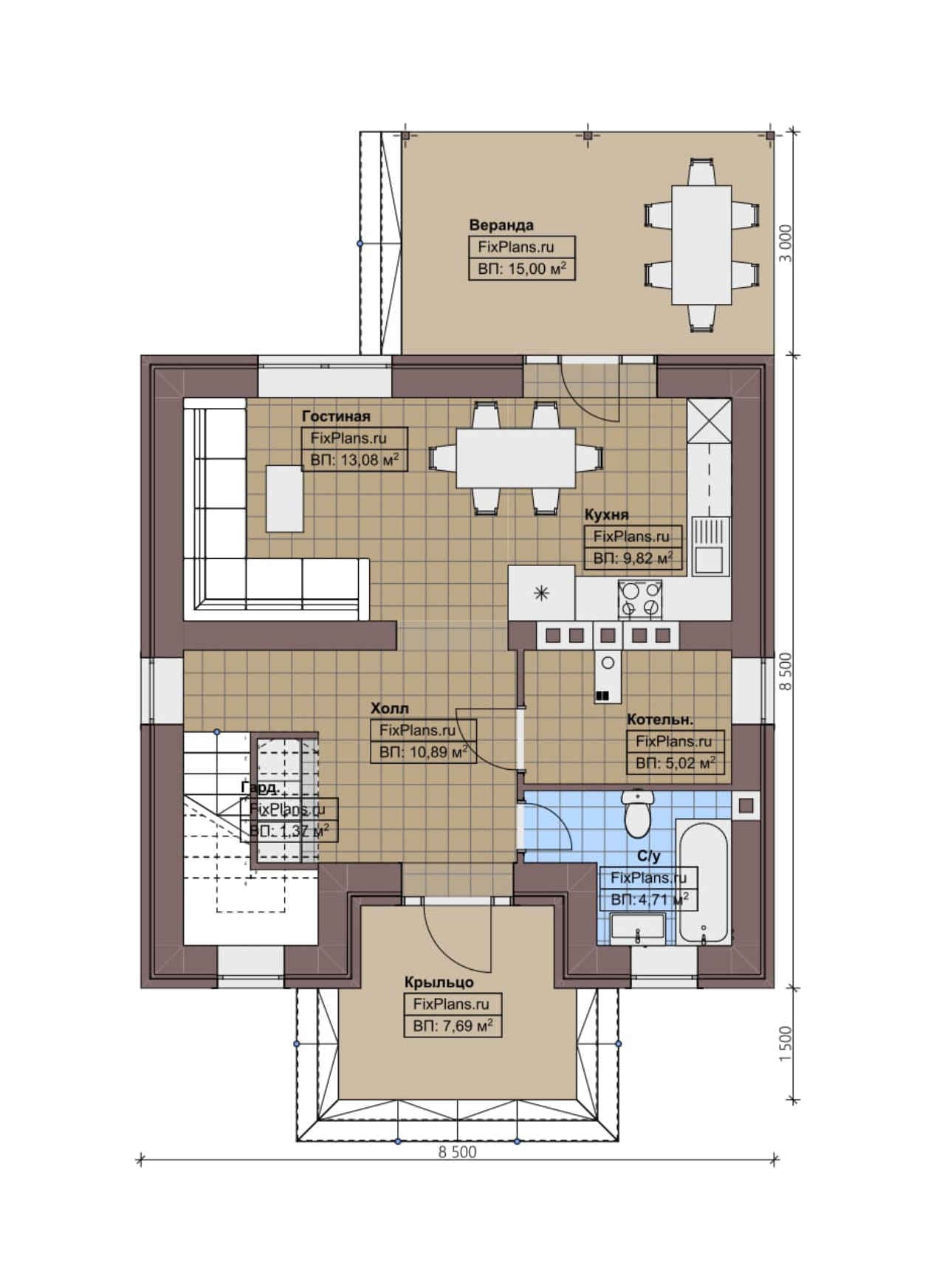 Планировка Одноэтажный дом с мансардой  F - 1196